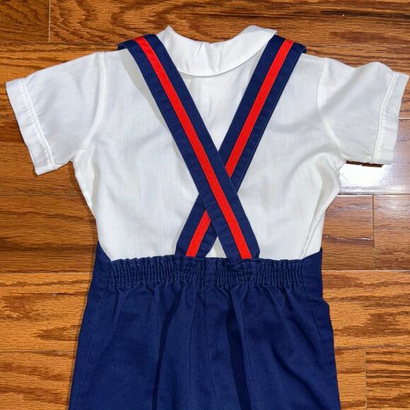 Vintage Baby Boys Red White Blue Sailboat Sailor Shirt & Overalls Set - Picture 4 of 12